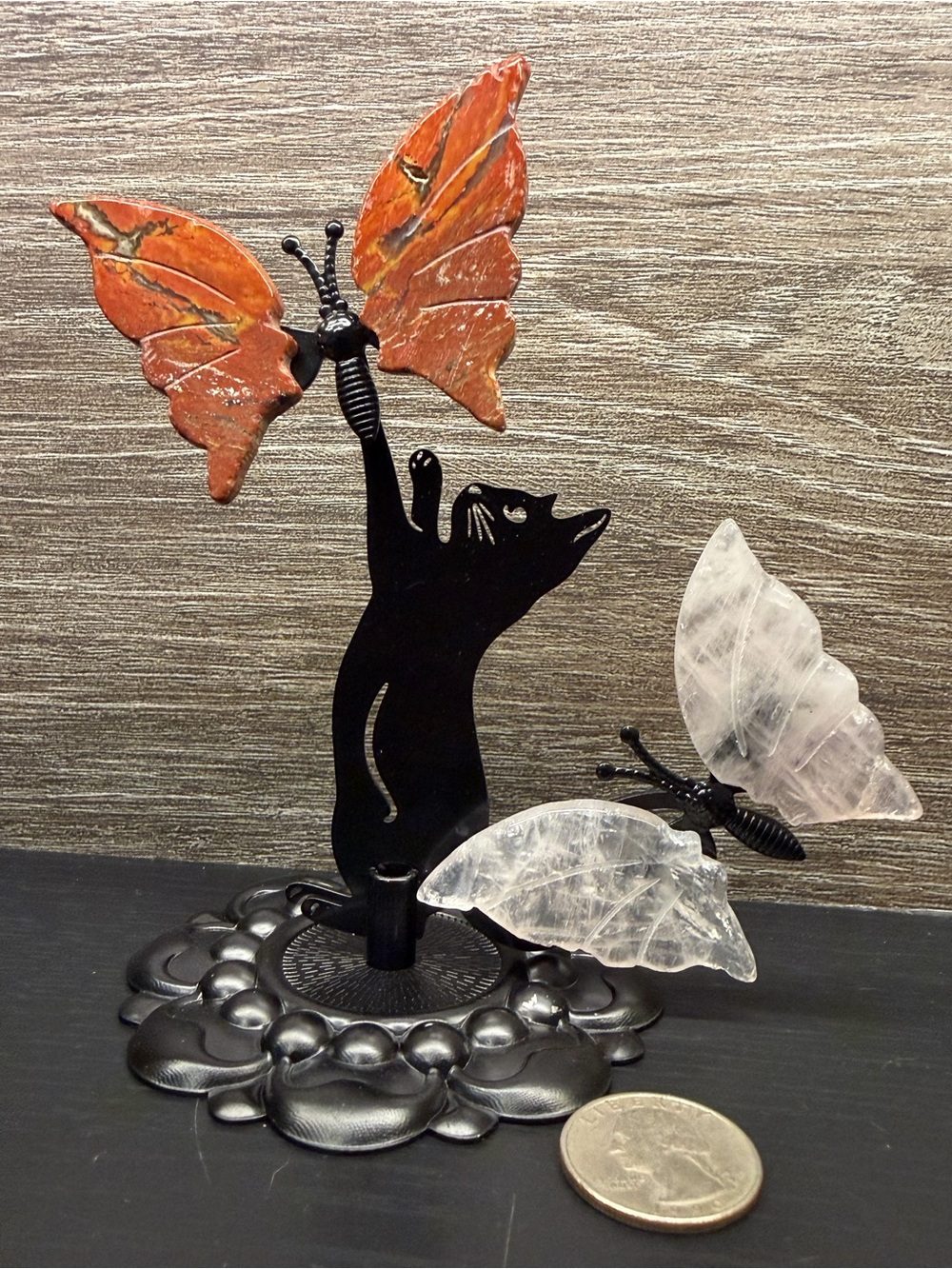 Decorative Cat & Butterfly Sculpture - Red Jasper and Clear Quartz Butterflies